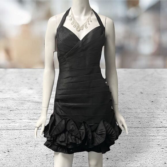 JS Collections Black Halter Neck Ruffle Bottom Mini Dress - Picture 1 of 6